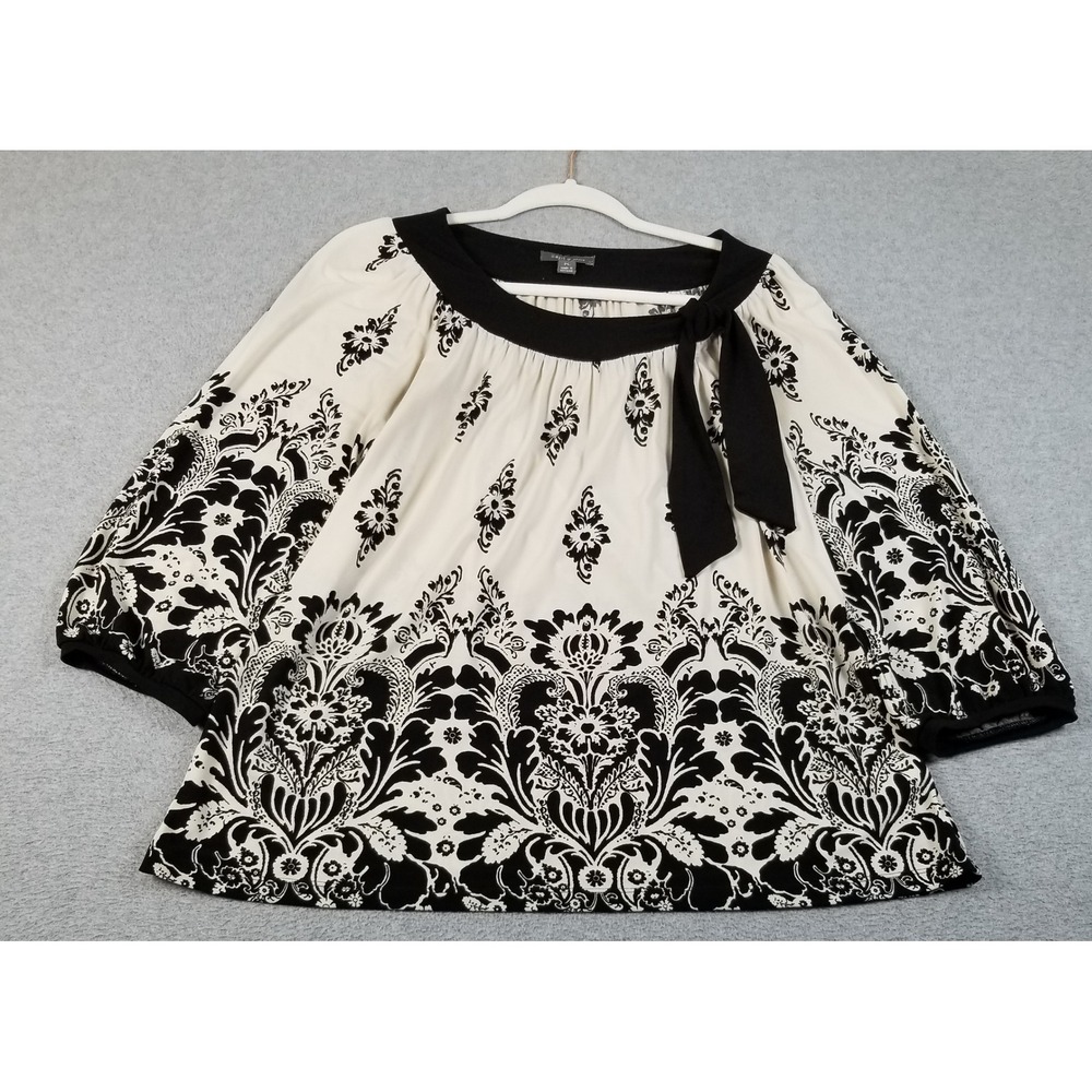 Apt. 9 Blouse Women's PL Petite Large Black White Damask Floral 3/4 Sleeve Top